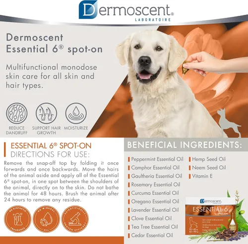 Vista 3 de Dermoscent Essential 6 spot-on - Cuidado de la piel para perros con caspa y alivio de alergias con aceite de vitamina E - Antipicazón para perros