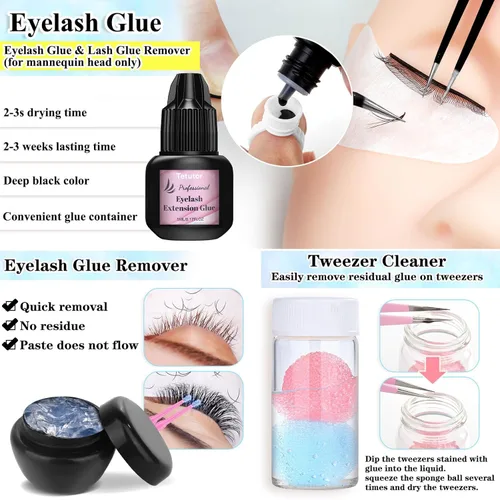 Vista 3 de Kit de extensión EyeLash para principiantes, kit profesional de práctica de extensión de pestañas con todo, cabeza de maniquí, pegamento de pestañas
