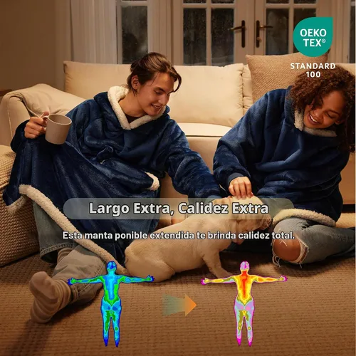 Vista 4 de Bedsure Manta Ponible con Capucha, Sudadera Larga con Capucha como Regalos de Navidad y Cumpleaños para Hombres, Acogedora Sudadera con Capucha Azul