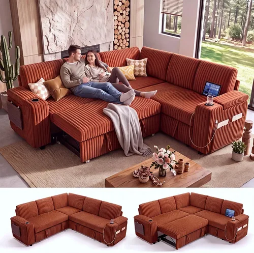 Vista 10 de WEUP Sofá cama modular de 111 pulgadas con cama extraíble, sofá de pana de felpa en forma de L de 7 asientos con diván de almacenamiento, puertos