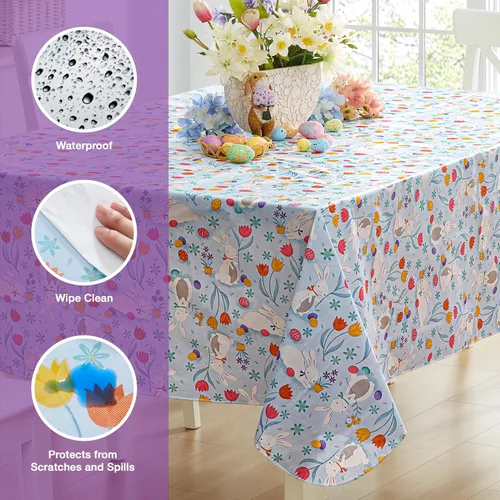 Vista 3 de Newbridge Blue Easter Cotton Tail Bunny Party 52 x 52 inch Square Vinyl Tablecloth with Flannel Backing, Bunny Rabbit, Easter Eggs and Floral Design