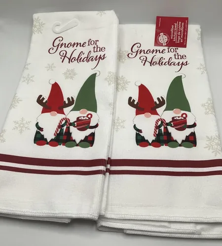 Vista 2 de Un juego de 2 paños de cocina navideños con forma de gnomo para las fiestas.