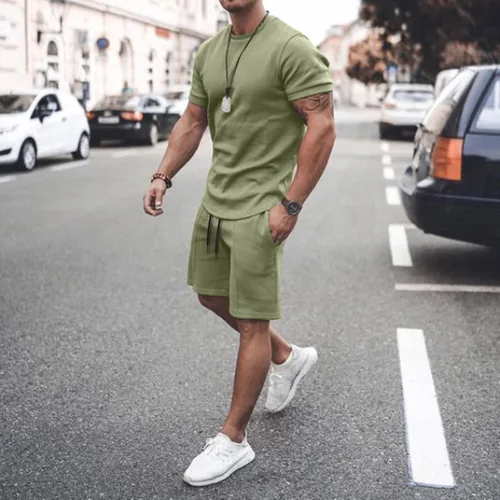 Vista 2 de Conjunto de camiseta y pantalones cortos para hombre, conjunto de 2 piezas, conjunto casual de verano con bolsillo, talla grande, deportivo