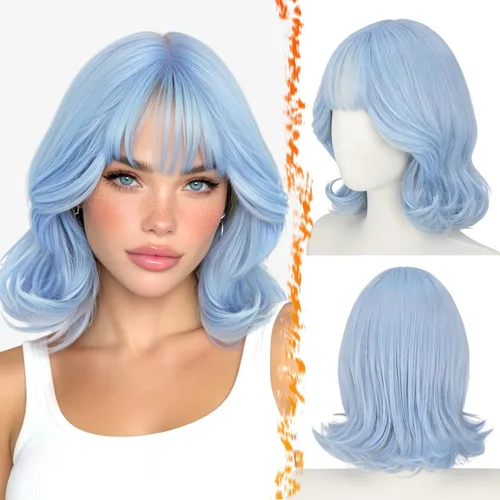 Vista 15 de BARSDAR Synthetic Short Layered Brown Highlights Bob Wig with Wispy Bangs Balayage Blonde Highlights