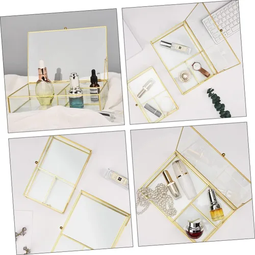 Vista 7 de Beavorty Caja de almacenamiento de joyas, elegante recipiente de vidrio transparente con cubierta para collares, aretes, lápices labiales, vitrina