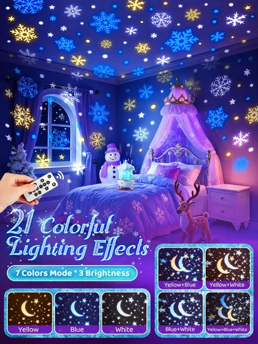 Vista 5 de Juguetes Frozen, luz nocturna de 15 músicas+16 películas+315 colores para niños, proyector de estrellas inalámbrico de 360°+control remoto