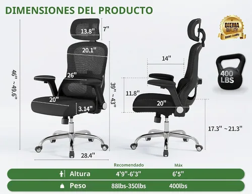Vista 2 de Silla de oficina ergonómica: silla de escritorio para computadora de 400
