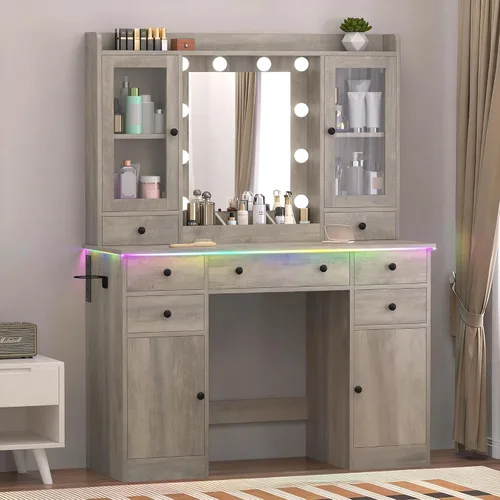 Vista 30 de Escritorio de maquillaje con espejo y luces, tocador negro de 43 pulgadas con parte superior de cristal, almacenamiento de joyas, 3 cajones
