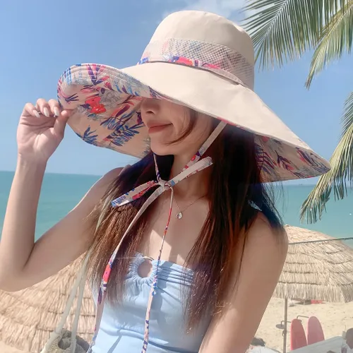 Vista 4 de Sombreros de sol de ala extra ancha de 6 pulgadas con protección UV UPF 50+ y correa para sombrero de playa para mujer