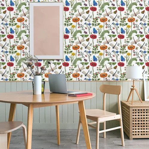 Vista 8 de VaryPaper Papel tapiz floral brillante de 17.7 x 78.7 pulgadas, para pegar y despegar, papel tapiz bohemio de hojas de musgo, libélula, mariposa