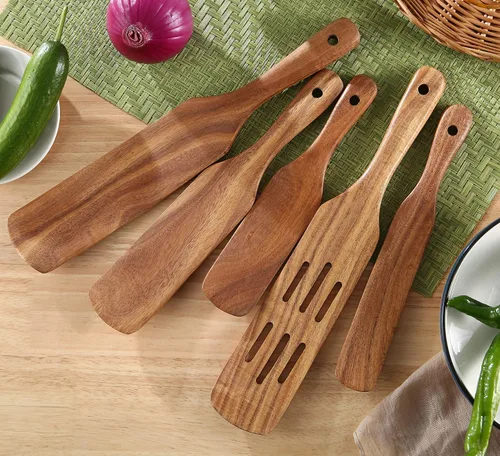 Vista 3 de MESSON Juego de espátulas de madera, 5 piezas, herramientas de cocina de madera de primera calidad, espátula de madera, cucharas, utensilios