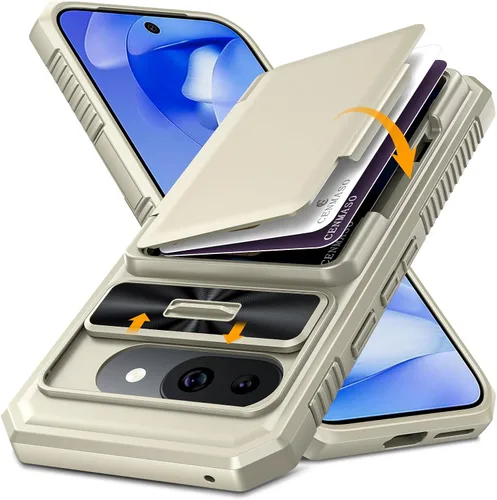 Vista 14 de CENMASO - Funda para Google Pixel 9 Pro XL con tarjetero (4 tarjetas), funda deslizante para cámara y función atril, bloqueo RFID, protección