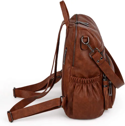 Vista 7 de UTO Mochila de cuero vegano para mujer, diseño de moda, convertible con borla, para viajes, con borla