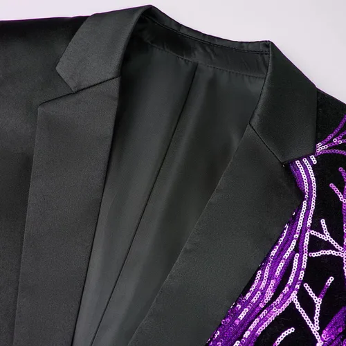 Vista 3 de Chaqueta de traje de baile de graduación con lentejuelas negras para hombre, con un botón, ajuste delgado, abrigos deportivos y blazers esmoquin