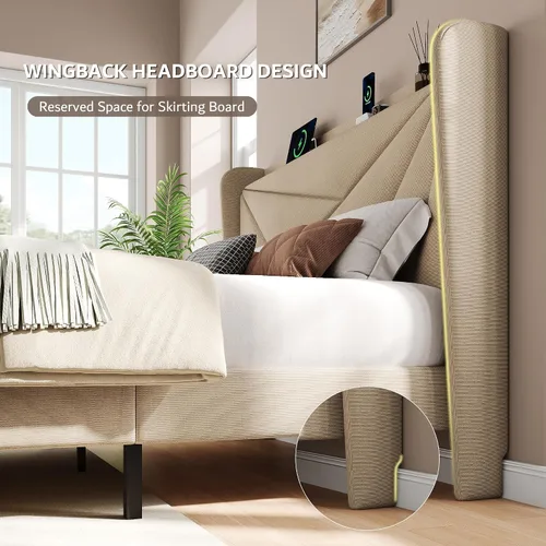 Vista 5 de iPormis Base de cama tamaño Queen con estación de carga, marco de cama de plataforma de lino con cabecera tapizada con respaldo de ala, soporte