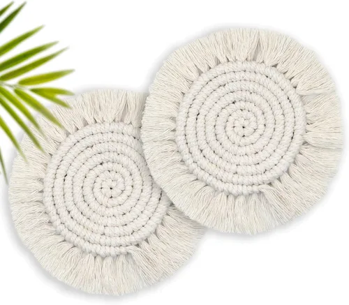 Vista 13 de Posavasos de automóvil boho de 3.8 pulgadas para portavasos, 2 posavasos para automóvil, posavasos absorbentes de macramé, bonito juego de posavasos
