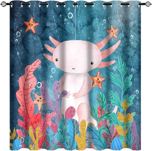 Vista 10 de Cortinas abstractas de ajolote con diseño de galaxia colorida y peces, con aislamiento térmico, oscurecimiento de habitación completa, para sala