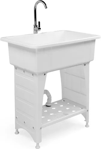 Vista 10 de ROVSUN Fregadero utilitario de plástico negro de 20 galones con grifo de agua caliente y fría, capacidad de carga de 150 libras, altura y versión