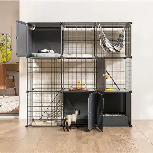 Vista 9 de PAWING Recinto para gatos para interiores con caja de arena, jaula de alambre de metal de 3 niveles, diseño desmontable para gatos, gatitos