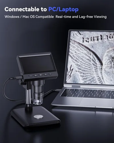 Vista 5 de AOPICK Microscopio digital, microscopio de monedas con brillo ajustable de luz, pantalla LCD HD de 4.3 pulgadas, zoom 1000X, vista de PC, compatible