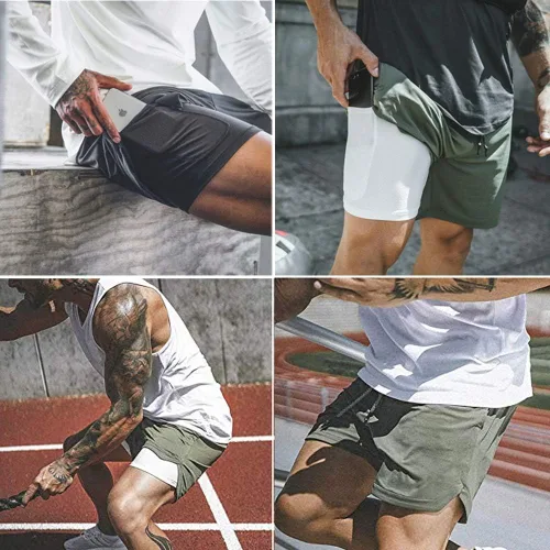 Vista 5 de HANERDUN - Pantalones cortos deportivos para hombre, 2 en 1, con bolsillo