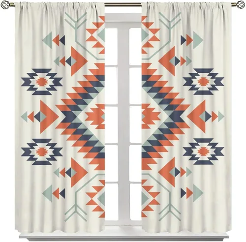 Vista 292 de Cortinas con patrón geométrico tribal, estilo suroeste, azteca, rústico, occidental, nativo americano, opacas, con bolsillo para barra, decoración