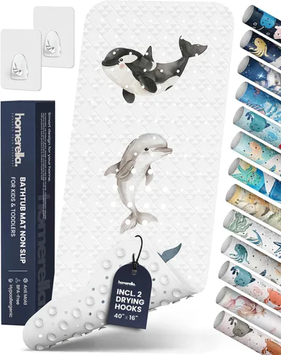 Vista 28 de Homerella - Alfombrilla de baño antideslizante y antideslizante para niños, 40 x 16 pulgadas, sin BPA, incluye 2 ganchos, tapete de ducha lavable