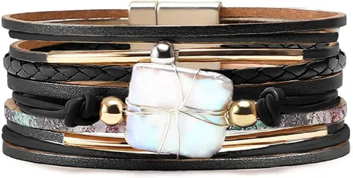 Vista 2 de Fesciory - Pulsera de leopardo para mujer, estilo bohemio de cuero multicapa con perlas de cristal