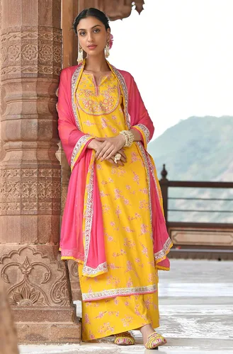 Vista 3 de Janasya Kurta bordada de algodón amarillo para mujer india con palazzo y dupatta