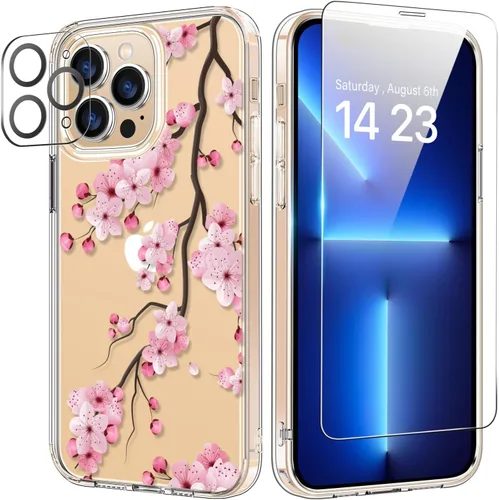 Vista 24 de bicol Funda para iPhone 14 Plus con Protector de Pantalla y Lente de Cámara - Diseños Florales de Moda para Mujeres y Niñas - Funda Transparente