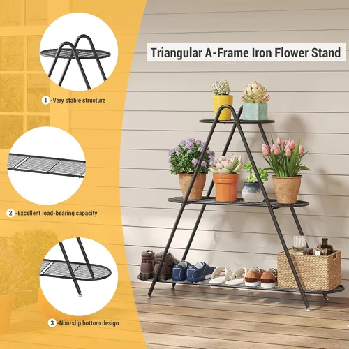 Vista 2 de Soporte de 3 niveles para plantas, estante de metal para plantas, resistente para interiores y exteriores, estante para múltiples macetas
