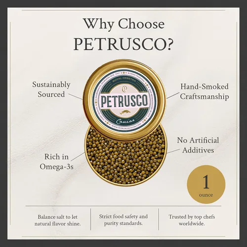 Vista 7 de PETRUSCO Royal Ossetra - Caviar negro de primera calidad, Huevas de pescado de esturión gourmet frescas en una lata de metal sellada, 1.06 oz