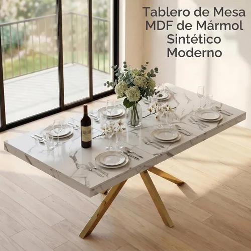 Vista 2 de Henf Mesa de comedor de mármol sintético blanco de 70 pulgadas para 4-6 personas, mesa de cocina rectangular moderna con mesa de mármol sintético