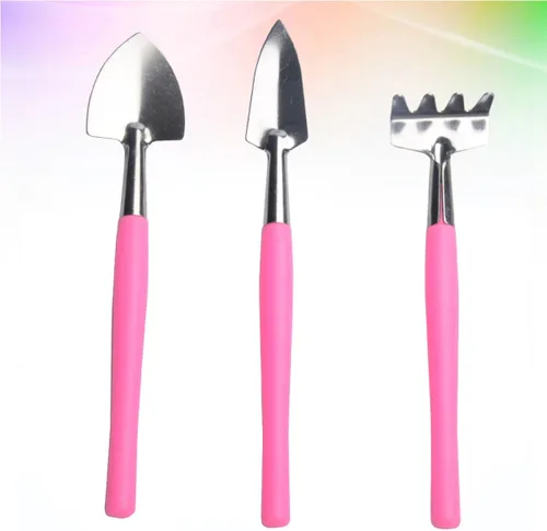Vista 8 de jojofuny Práctica mini herramienta de jardín, mango de plástico antideslizante rosa con pala de hierro y rastrillo para plantar macetas