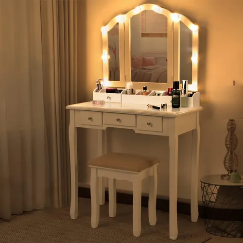 Escritorio de maquillaje blanco con espejo plegable y luces