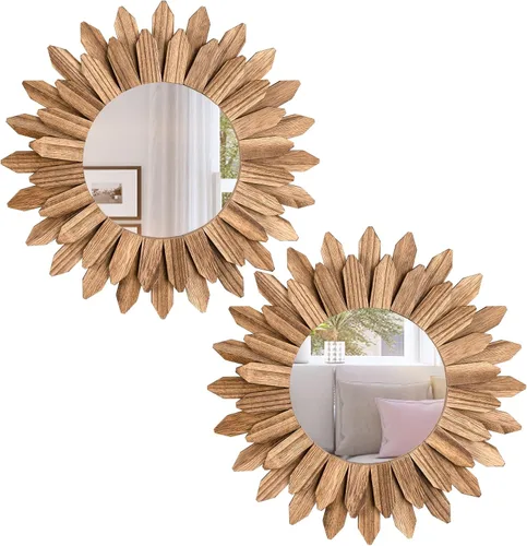 Vista 14 de Honiway Espejo de pared negro de 12 pulgadas, decoración de pared bohemia de madera, espejo decorativo para decoración de habitación, decoración