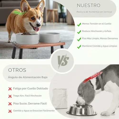 Vista 3 de SPUNKYJUNKY Cuencos elevados de cerámica para perros con soporte de bambú de acacia, juego de cuencos de agua y comida para perros y gatos de 6.1