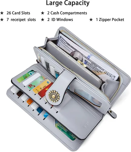 Vista 5 de OPAGE Cartera de cuero de gran capacidad para mujer con bloqueo RFID y cremallera alrededor