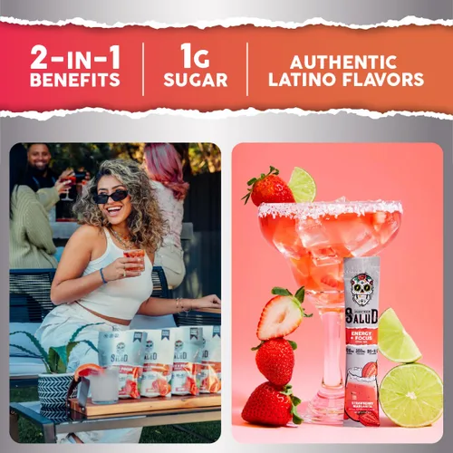 Vista 4 de Salud - Paquete de 2 2 en 1 Energy + Focus (Margarita de fresa) y energía + enfoque (hibisco) – 15 porciones cada una, mezcla de bebida Agua