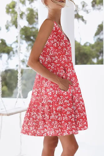 Vista 3 de nclook Vestido casual de verano para mujer, dulce y lindo, con cuello en V, con bolsillo, sin mangas