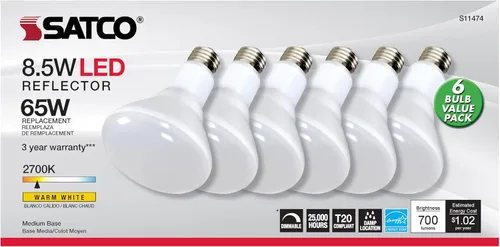 Vista 3 de Satco S11474 Lámparas reflectoras LED BR30, reemplazo de 65 W, blanco, 8.5 vatios, paquete de 6
