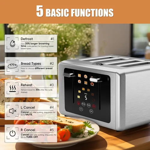 Vista 3 de WUNLY Tostadora de 4 rebanadas, pantalla táctil y panel de control independiente dual, 5 funciones básicas y tostadoras con cuenta regresiva Plateado