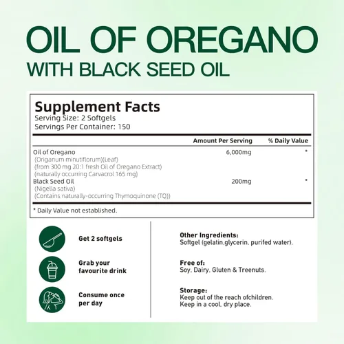 Vista 6 de VivoNu Aceite de orégano con aceite de semilla negra, aceite equilibrado de cápsulas de orégano, cápsulas blandas de aceite de orégano orgánico, sin
