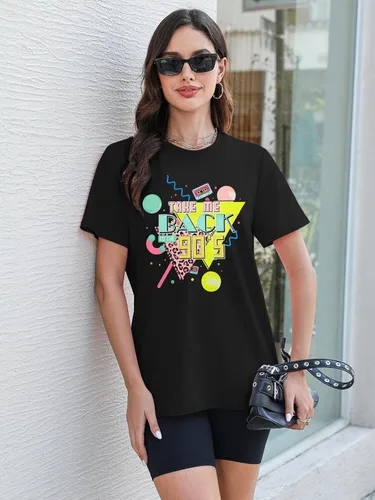 Vista 4 de Traje de los años 80 para mujer, camisetas con texto en inglés "I Love The 80", trajes de fiesta temática de los años 80, camisetas casuales