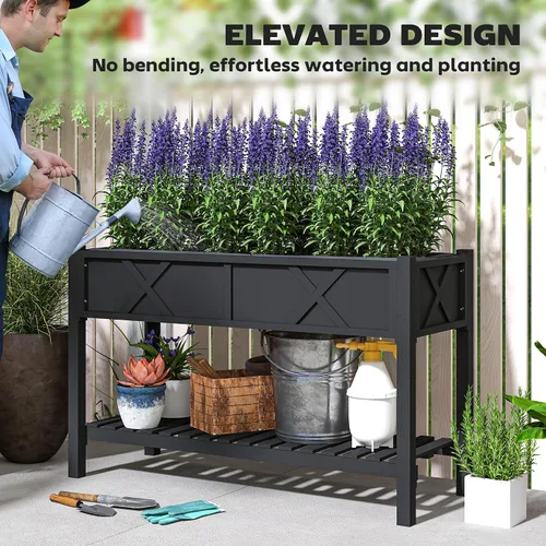 Vista 5 de Outsunny - Jardinera elevada de madera con estante de almacenamiento, orificios de drenaje y forro para el patio trasero, la terraza, el balcón, 47
