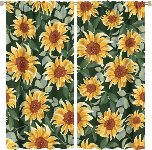 Vista 34 de Cortinas opacas de girasol, diseño natural, de granja, floral, con bolsillo para barra, para ventana, para dormitorio, sala de estar, 42 x 45