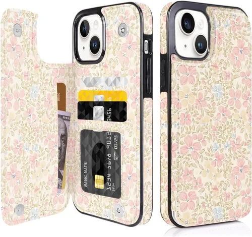 Vista 8 de Funda compatible con iPhone 14/15 con tarjetero y ranuras integradas de piel sintética con función atril y a prueba de golpes para iPhone 14/15