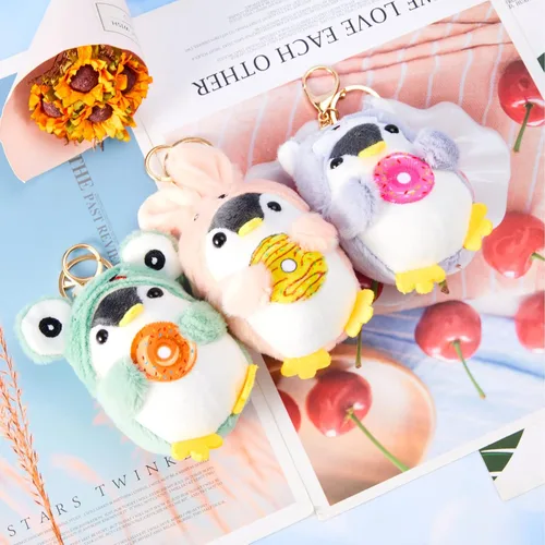 Vista 3 de Kigeli 3 llaveros de pingüino de peluche, diseño de animales de peluche, diseño de rana, conejo, perro, bonito colgante de animal para regalo