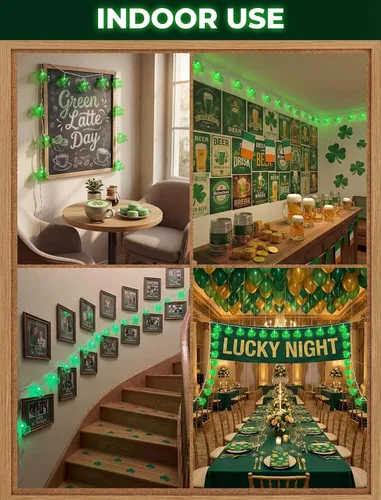 Vista 7 de Guirnalda de luces de trébol, 8.5 pies, decoración del día de San Patricio con 10 luces de trébol, luces de hadas de trébol conectables
