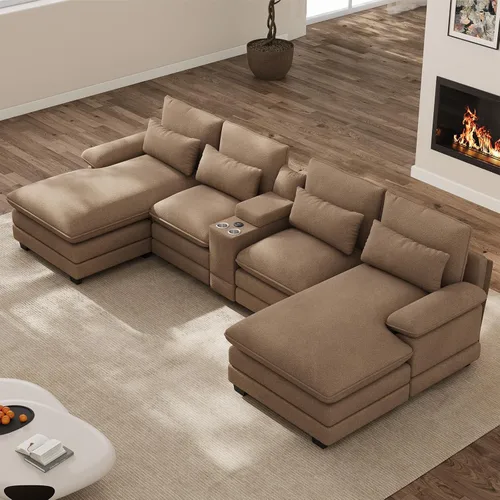 Vista 22 de Sofá nube en forma de U de 130 pulgadas con casa para gatos, sofá modular de gran tamaño para sala de estar, cómodo sofá grande de chenilla, juego